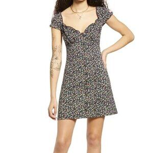 BP NORDSTROM Floral Print Ruffle Trim Mini Dress With Sweetheart Neck Sz L  NEW